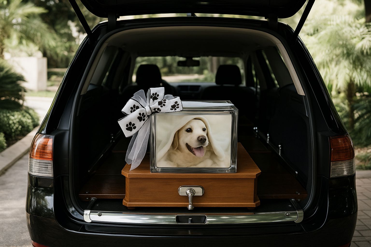 Husdjursägare tar farväl vid liten kista omgiven av blommor